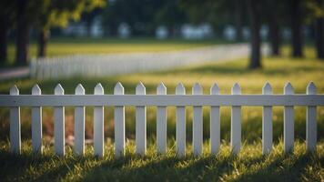 A white picket fence with green grass in front of it. photo