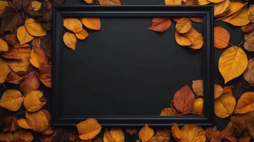 A black frame with a black background and a border of orange and yellow leaves. photo