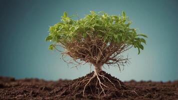 Cross section view of a seedling and root system in soil. photo