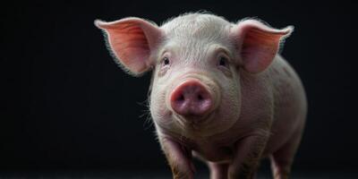 A pig with a pink nose and a black background. photo