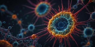 Microscopic View of Complex Cellular Structures on Dark Gradient Background with Copy Space. photo