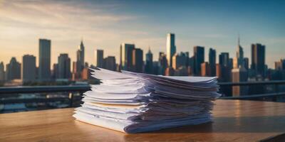 A stack of papers is on a table with a city skyline in the background. photo