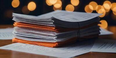 A stack of papers is piled on top of a table. photo