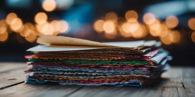 A stack of papers is piled on top of a table. photo