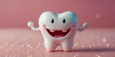white cute smiling tooth characters with faces smile on pink background. photo