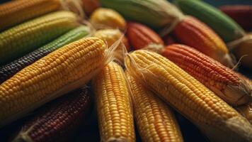 A bunch of corn with different colored kernels. photo