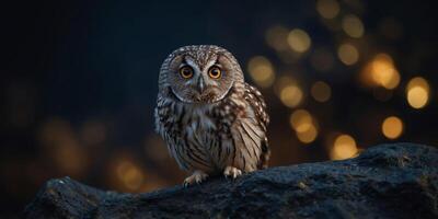 A small owl is perched on a rock in the dark. photo