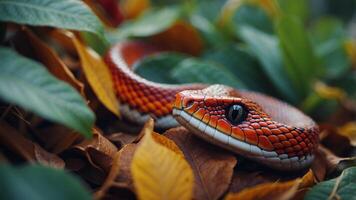 A colorful snake is curled up in the leaves. photo