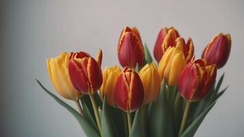 A bouquet of red and yellow tulips arranged within a row. photo