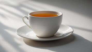 White cup of tea with a sharp shadow on a bright white surface with copy space. photo