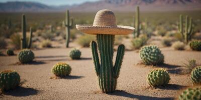 Medium shot of a lone cactus wearing a tiny sombrero standing tall in a summer minimalist desert. photo