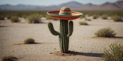 Medium shot of a lone cactus wearing a tiny sombrero standing tall in a summer minimalist desert. photo