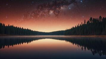 Starry night sky over a serene lake with a sunrise and pine forest silhouette. photo