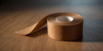 A brown roll of tape is sitting on a tan surface. photo
