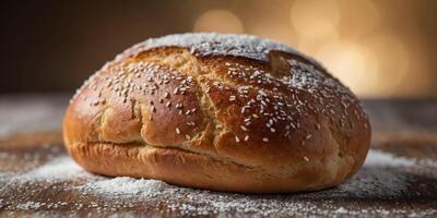 A close up of a bread roll with a sprinkle of powdered sugar on top. photo