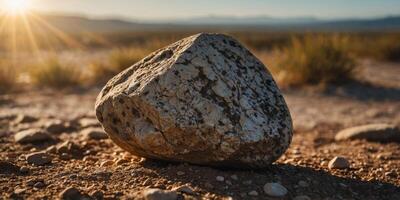 A rock is on a dirt field with a bright sun in the background. photo