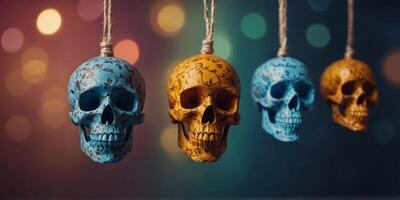 A row of five paper skulls are hanging from a string. photo