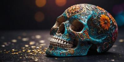 The skull is decorated with bright colors and intricate designs. photo