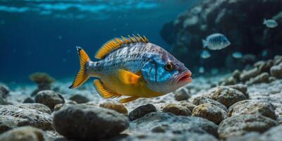 A fish is swimming in the ocean near a rock. photo