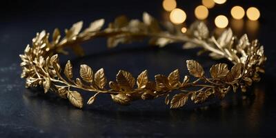 A gold wreath with leaves and a bow is placed on a dark surface. photo