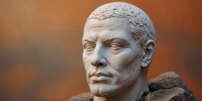 A white head with a stone face is on an orange background. photo