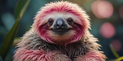 create a cute fluffy pink sloth with flamingo legs. photo
