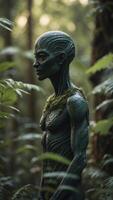 Intricate Alien Figure Posed Amidst Lush Forest Vegetation During Soft Natural Light. photo