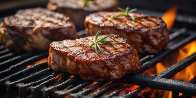 Three pieces of meat are being grilled on a hot grill. photo