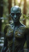Intricate Alien Figure Posed Amidst Lush Forest Vegetation During Soft Natural Light. photo