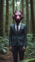 A Bizarre Creature Dressed in a Suit With a Tie in a Lush Forest. photo