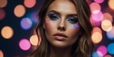 Colorful Light and Creative Makeup on Fashion Model. photo