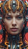 Futuristic cyborg showcasing intricate internal mechanisms and processors as a representation of artificial intelligence and machine learning. photo