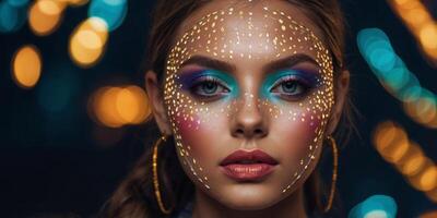 Colorful Fashion Model with Creative Makeup and Lighting. photo
