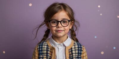 funny little girl with glasses on colored background. photo