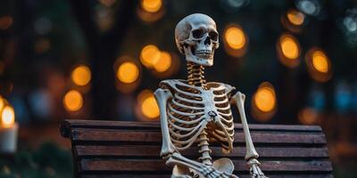 A skeleton is sitting on a bench with candles around it. photo