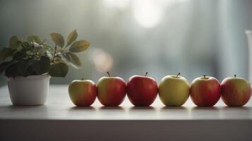 A row of apples are displayed on a white table. photo
