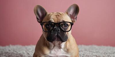 funny and cute french bulldog in glasses on pink studio background. photo