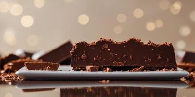 A chocolate bar with a white border and a piece missing. photo