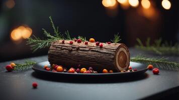 A log cake with a sprig of pine sits on a black plate. photo