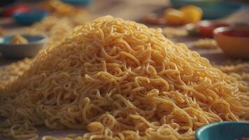 A pile of noodles is spread out on the ground. photo