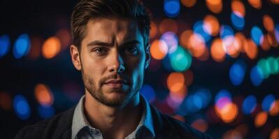 Animated expressions lit by spectrum of vivid lights. photo