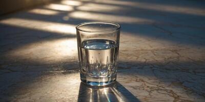 A glass of water stands on a marble floor in the rays of the sun with light and shadow effect. photo