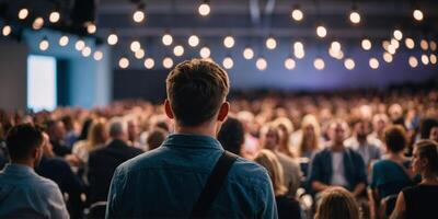 Audience perspective of a live event with focus on one attendee looking towards the stage. photo