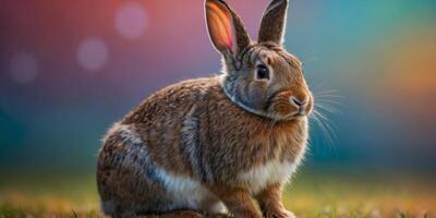 colorful rabbit is standing in front of a colorful background. photo
