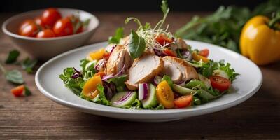Chicken salad, adorned with crisp vegetables, entices on a wooden table. photo