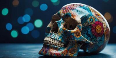 A skull with colorful designs on it is sitting on a blue background. photo