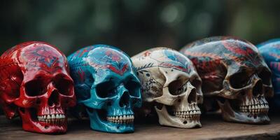 A row of colorful skulls with blue and red designs on them. photo