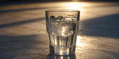 A glass of water stands on a marble floor in the rays of the sun with light and shadow effect. photo