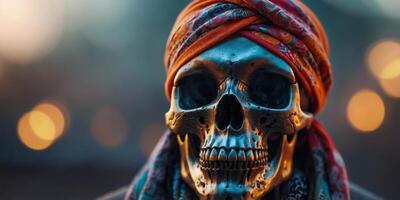 A skull with a colorful bandana on its head. photo