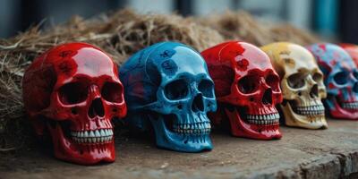 A row of colorful skulls with blue and red designs on them. photo